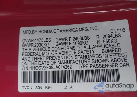 2018 Honda Accord Sport 2.0T из США, поврежденный, VIN 1HGCV2F39JA014262